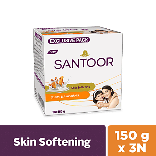 Santoor Skin Softening Sandal & Almond Milk Bathing Soap, 150 g (Pack of 3) 