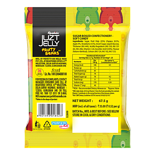 Alpenliebe Juzt Jelly Soft Candy - Fruity Bears, 67.5 g Pouch Mixed Fruit, Cola, Orange Flavours, Immunity Boosting, Vitamin C Rich