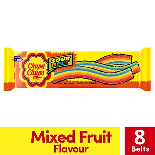 Chupa Chups Sour Belt Soft & Chewy Toffee - Mixed Fruit Flavour, 8 pcs  