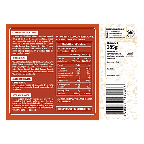 Fazlani Foods Rogan Josh Sauce, 285 g No Artificial Colours/Flavours