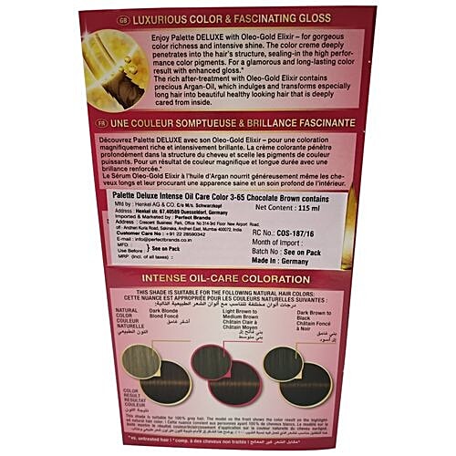 Schwarzkopf Palette Deluxe Oil-Care Color Permanent, 115 ml 3-65 Chocolate Brown 100% Grey Coverage