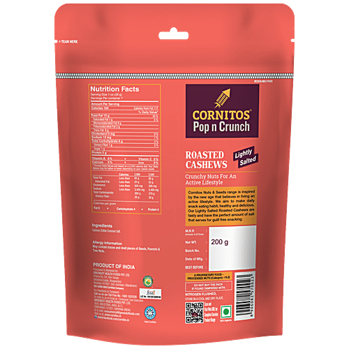 Cornitos Lightly Salted Roasted Cashews, 200 g  Source of Protein, Gluten Free