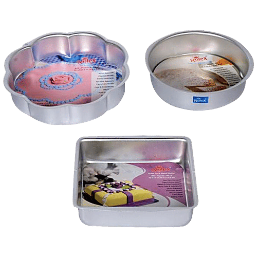 Rolex  Cake Mould Combo - Square 8'', Flower 7.5'', Round 6.5, Aluminium, Silver, 3 pc  Used in OTG & Microwave