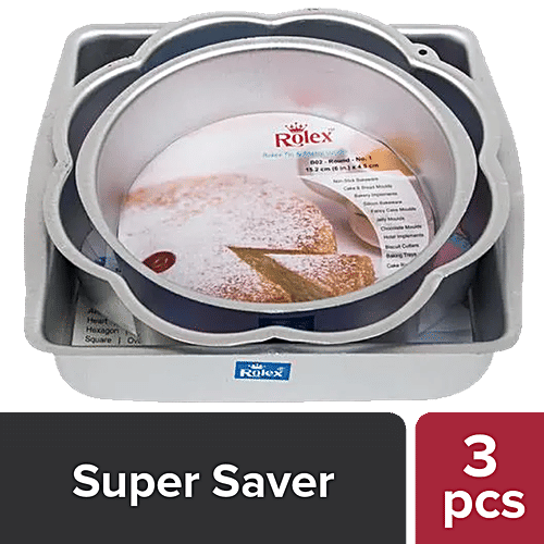 Rolex  Cake Mould Combo - Square 8'', Flower 7.5'', Round 6.5, Aluminium, Silver, 3 pc  Used in OTG & Microwave