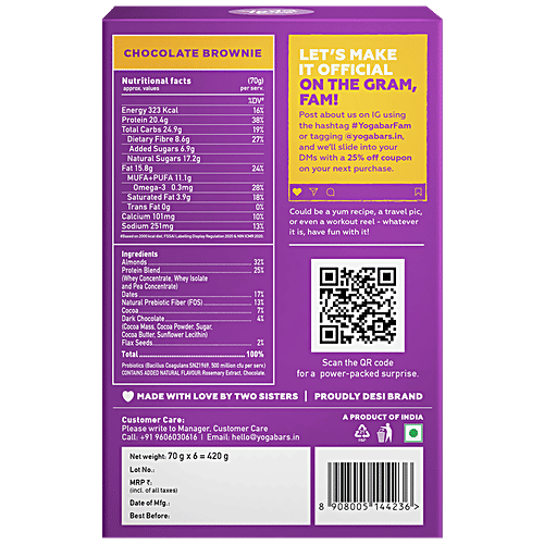 Yoga Bar 20g Protein Bar - Chocolate Brownie, No Added Sugar, Loaded With Fibre, 70 g (Pack of 6) Whey Protein, High Fibre