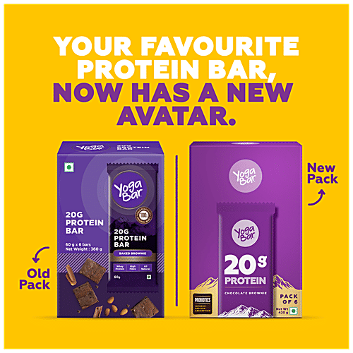 Yoga Bar 20g Protein Bar - Chocolate Brownie, No Added Sugar, Loaded With Fibre, 70 g (Pack of 6) Whey Protein, High Fibre