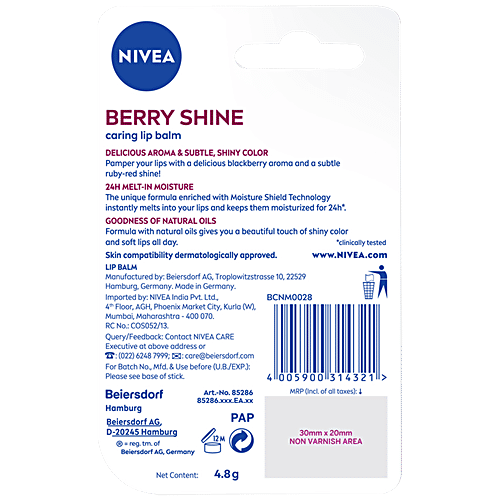 Nivea Caring Lip Balm, 4.8 g Berry Shine 