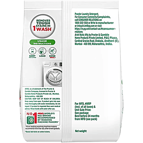 Ariel Matic Detergent Powder Front Load - Stain Removal In Washing Machine, 2 kg Brilliant Clean in 1 Wash, Oxi Stain Fighters