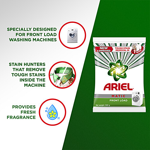 Ariel Matic Detergent Powder Front Load - Stain Removal In Washing Machine, 500 g  Best Stain Removal in 1 Wash