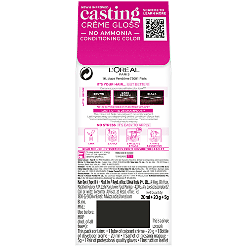 L'Oreal Paris Casting Creme Gloss Hair Colour - Small Pack, 45 g 200 Ebony Black No Ammonia