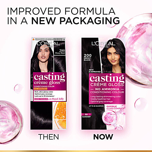 L'Oreal Paris Casting Creme Gloss Hair Colour - Small Pack, 45 g 200 Ebony Black No Ammonia