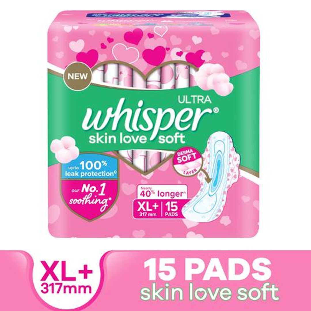Whisper  Ultra Skinlove Soft Sanitary Pads for Women XL+Cottony soft|our #1 Softness Soft top sheet Irritation free 110 cm Long With disposable wrap, 15 pcs 15 thin Pads