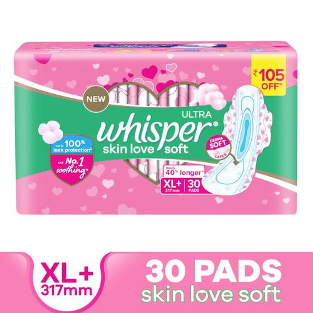 Whisper  Ultra Skinlove Soft Sanitary Pads for Women XL+ Cottony soft our #1 Softness Soft top sheet Irritation free 205 cm Long With disposable wrap, 30 pcs 30 thin Pads