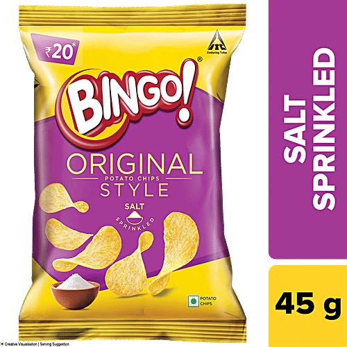 Buy Bingo Flat Cut Salted Potato Chips Original Style, Salt Sprinkled, Pack For Snacks Online