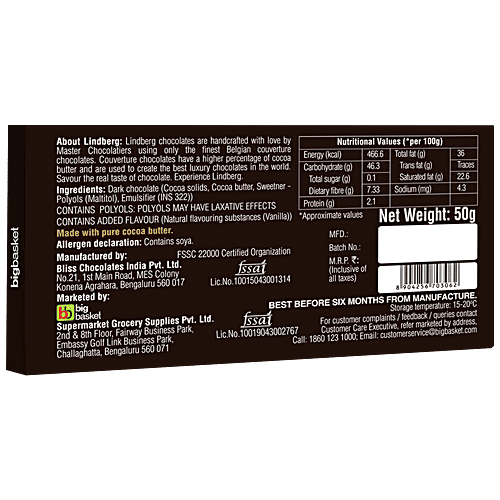 Lindberg Pure Belgian Dark Chocolate - No Added Sugar, 50 g  