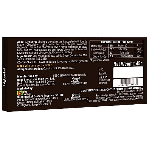 Lindberg No Added Sugar - Pure Belgian Milk Chocolate, 50 g  