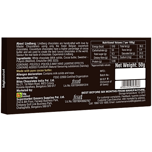 Lindberg No Added Sugar - Pure Belgian White Chocolate, 50 g  No Added Sugar