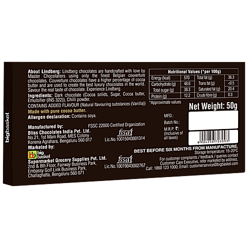 Lindberg Chilli - Pure Belgian Dark Chocolate, 50 g  