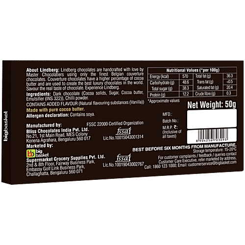 Lindberg Belgian Dark Chocolate - Chilli, 54% Cocoa Solids, 50 g  