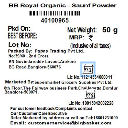 BB Royal Organic, Fennel /Saunf/Sompu Powder, 50 g  GMO, Synthetic Pesticide Free