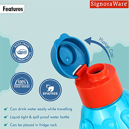 Signoraware Fliptop Aqua Fresh BPA Free Plastic Bottle - Leakproof, Easy To Carry, Blue, 1 L