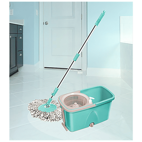 Milton - Spotzero Classic Spin Mop - Plastic Bucket, With Rod, Refill Included, Aqua Green, 1 pc  Superior Water Absorbency