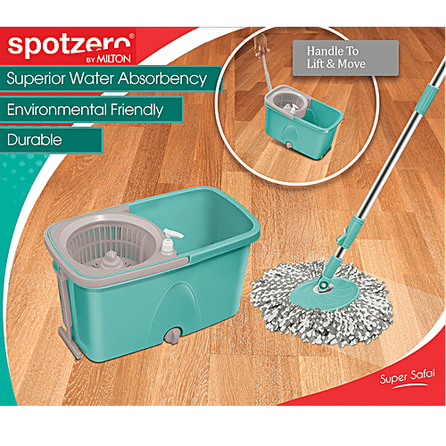 Milton - Spotzero Classic Spin Mop - Plastic Bucket, With Rod, Refill Included, Aqua Green, 1 pc  Superior Water Absorbency