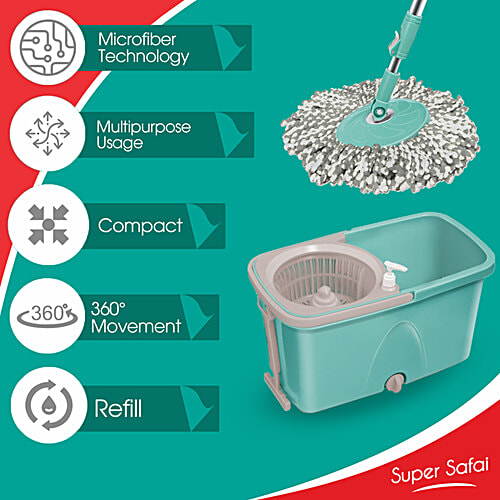 Milton - Spotzero Classic Spin Mop - Plastic Bucket, With Rod, Refill Included, Aqua Green, 1 pc  Superior Water Absorbency