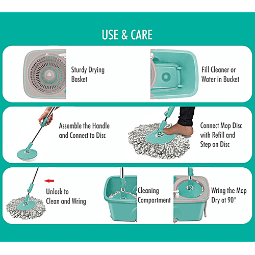 Milton - Spotzero Classic Spin Mop - Plastic Bucket, With Rod, Refill Included, Aqua Green, 1 pc  Superior Water Absorbency