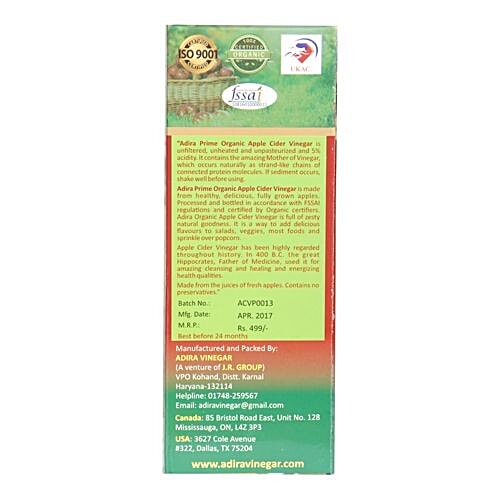 ADIRA Prime Organic Apple Cider Vinegar - Raw Unfiltered with EXTRA Mother, 473 ml  