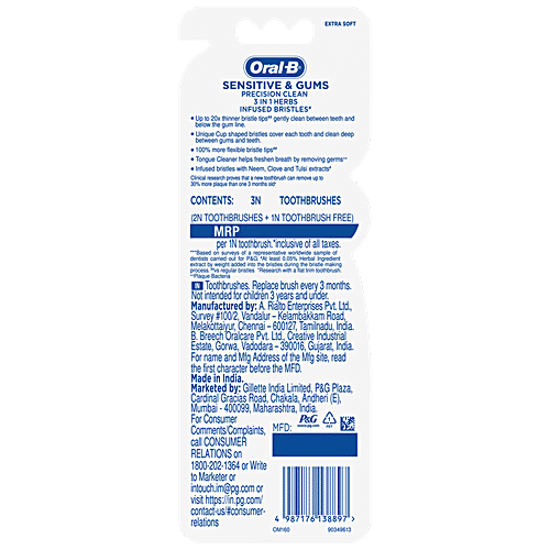 Oral-B Sensitive & Gums – Precision Clean Toothbrush – 3 in 1 herbs infused bristles –, 3 pcs  Upto 20X Thinner Cup Shaped Bristles