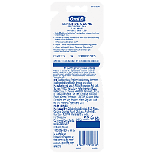 Oral-B Sensitive & Gums – Precision Clean Toothbrush – Tulsi infused bristles, 3 pc Buy 2 Get 1 Free Upto 20X Thinner Cup Shaped & Dual Type Bristles