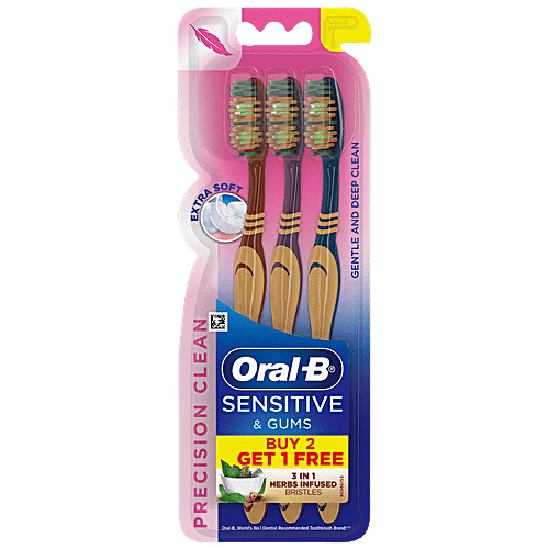 Oral-B Sensitive & Gums – Precision Clean Toothbrush – Tulsi infused bristles, 3 pc Buy 2 Get 1 Free Upto 20X Thinner Cup Shaped & Dual Type Bristles