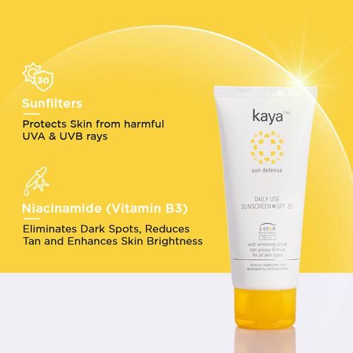 Kaya Clinic Sun Defense Daily Use Sunscreen - SPF 30, For All Skin Types, Non Greasy Formula, 75 ml  Non Greasy Formula