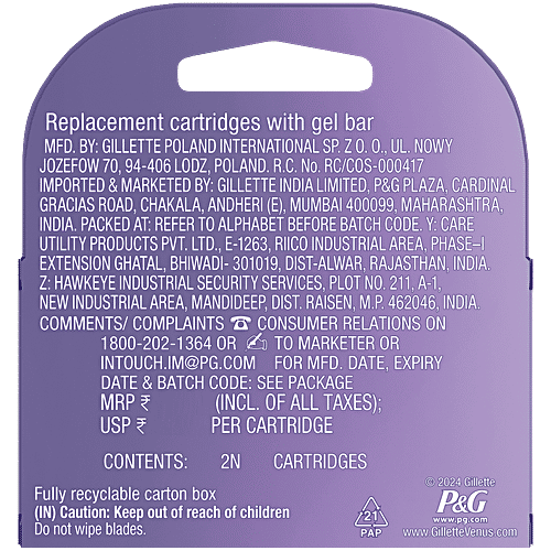 Gillette Venus Breeze Hair Removal Razor Blade/Refill - Gel Bar With Avocado Oils & Freecia Scent, 2 pcs  