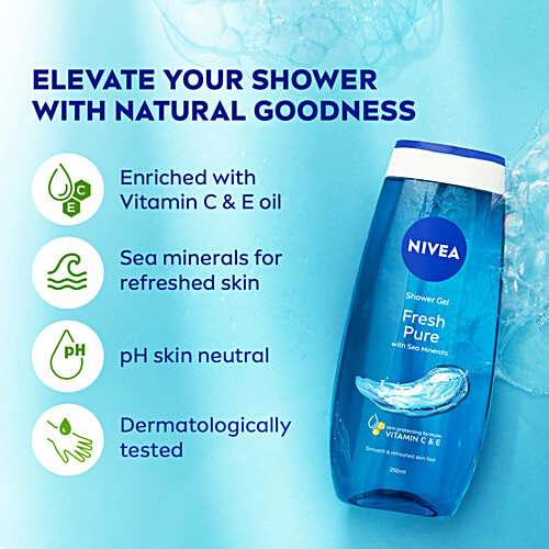 Nivea Fresh Pure Shower Gel - Sea Minerals & Aquatic Scent, Refreshing, Moisturising, 250 ml