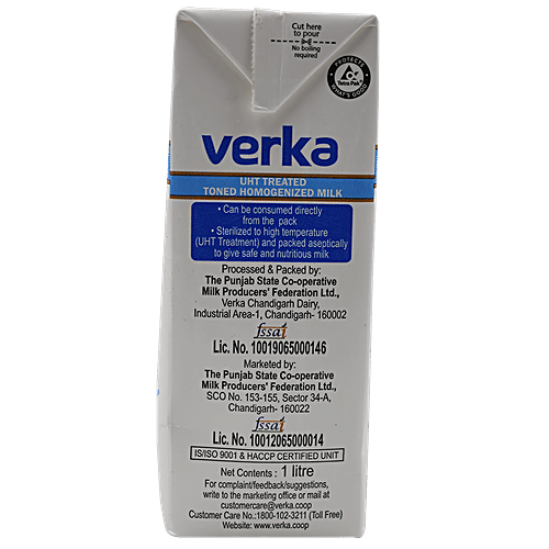 Verka Life Homogenised & UHT Processed Toned Milk, 1 L Carton Fortified with Vitamins A & D2