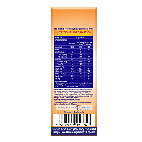 Cavins Kaju Butterscotch Milkshake - With Zinc, Vitamin A & D Added, Supports Immunity, 1 L Rich Source of Protein, Calcium, Minerals