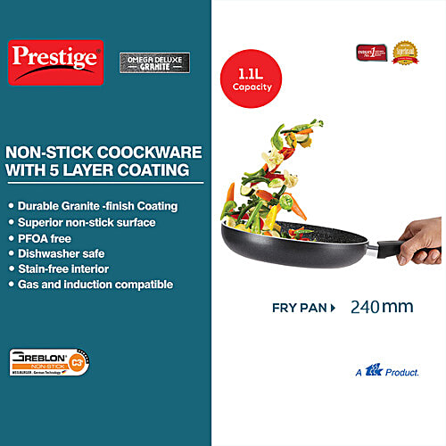 Prestige Omega Deluxe Granite Fry Pan - 5 Layer, Induction Base, Non Stick Coated, 24 cm, Bakelite Handle, 36305, 1.7 L  PFOA Free