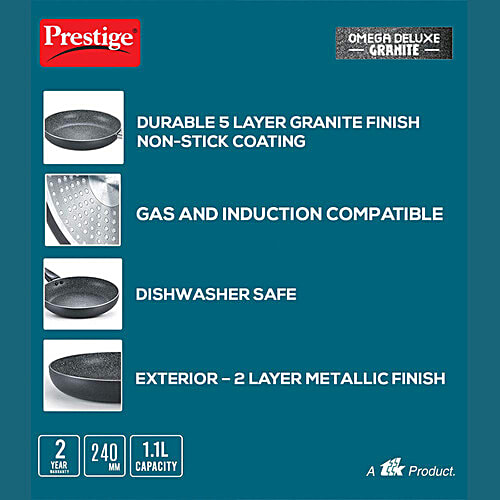 Prestige Omega Deluxe Granite Fry Pan - 5 Layer, Induction Base, Non Stick Coated, 24 cm, Bakelite Handle, 36305, 1.7 L  PFOA Free