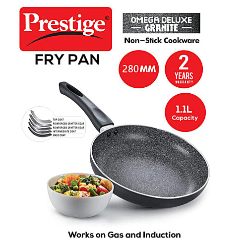 Prestige Omega Deluxe Granite Non-stick Round Base 28 cm Fry Pan - Black, 3 L PFOA Free