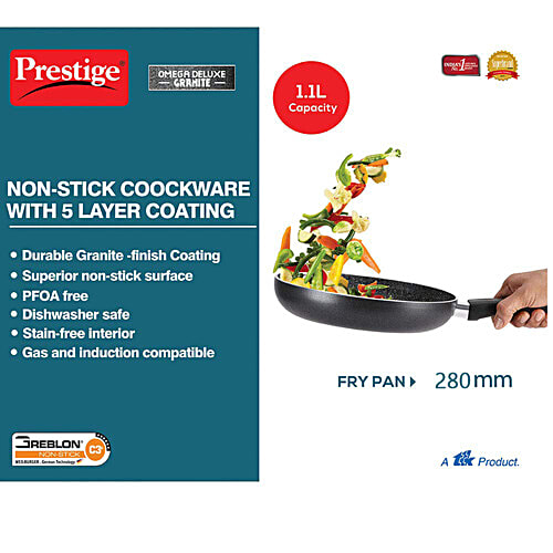 Prestige Omega Deluxe Granite Non-stick Round Base 28 cm Fry Pan - Black, 3 L PFOA Free