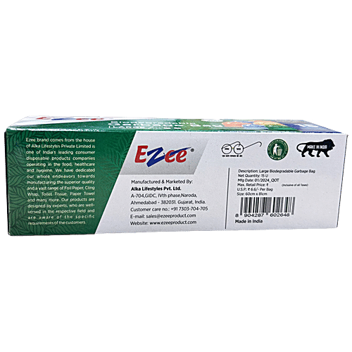 Ezee Premium L Biodegradable Garbage Bags - With Detachable Tie Tapes, 61 X 81 cm, 15 pcs
