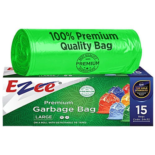 Ezee Premium L Biodegradable Garbage Bags - With Detachable Tie Tapes, 61 X 81 cm, 15 pcs