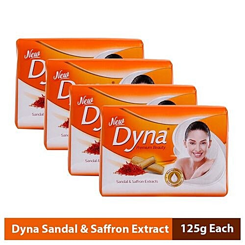 Dyna Premium Beauty Sandal & Saffron Extract Bath Soap, 76% TFM , Made from 100% Vegetable Oils, 125 g (Pack of 4) 76% TFM , Made from 100% Vegetable Oils