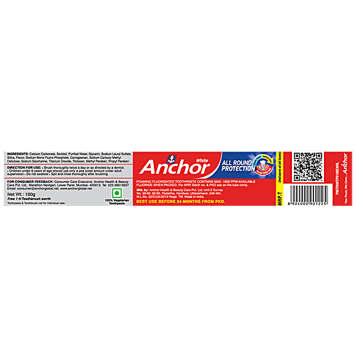 Anchor All Round Protection Toothpaste - With Calcium, Fluoride & Active Micro Cleaners, Helps Strengthen Teeth, 100 g (Get Toothbrush Free) All Round Protection