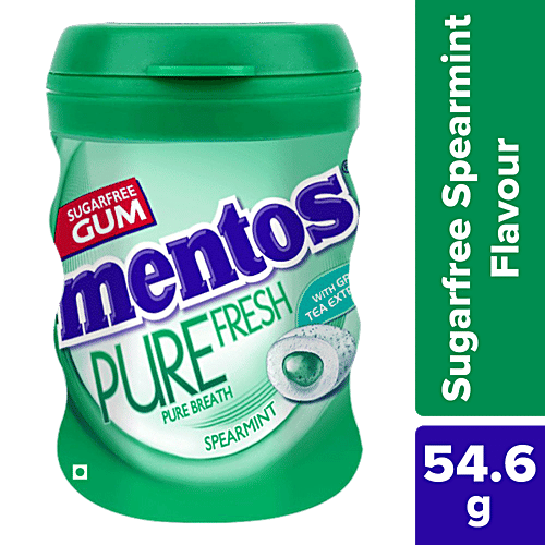 Mentos Pure Fresh Sugarfree Spearmint Chewing Gum - With Green Tea Extract, 54.6 g Bottle 