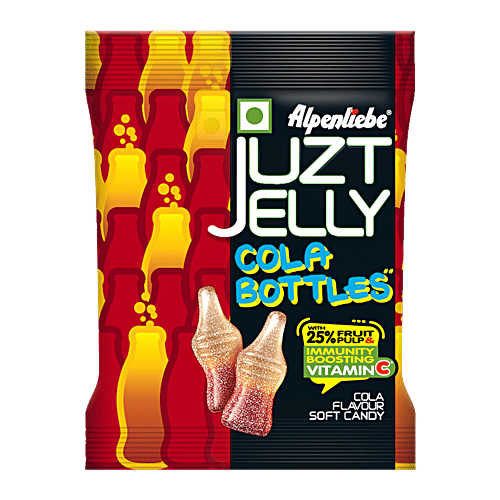 Alpenliebe Juzt Jelly Cola Flavour Bottles Soft Candy - With 25% Fruit Pulp, 67.5 g Pouch Zero Fat