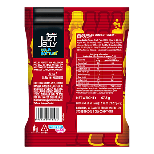 Alpenliebe Juzt Jelly Cola Flavour Bottles Soft Candy - With 25% Fruit Pulp, 67.5 g Pouch Zero Fat