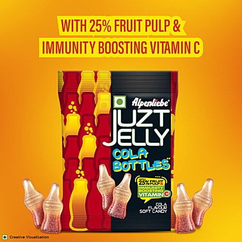Alpenliebe Juzt Jelly Cola Flavour Bottles Soft Candy - With 25% Fruit Pulp, 67.5 g Pouch Zero Fat